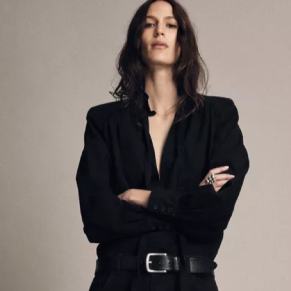 Zara Woman Collection black denim shoulder pad top long sleeves,size XL